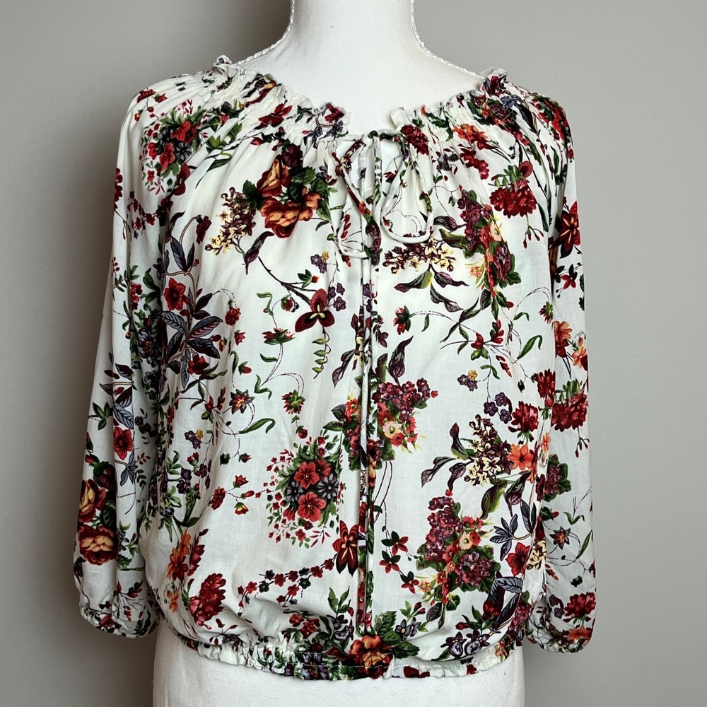 Runaway Child Floral Peasant Blouse White Red Boho Ruffle Neck One Size